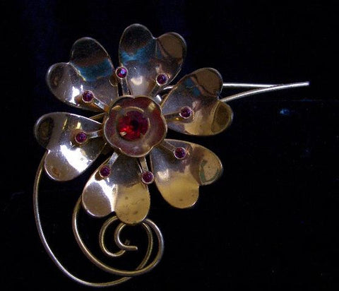 Golden  Vintage Rich Red RUBY Flower Pin. Classic Style 40's Glitz !!!