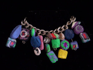 Baked Clay Bracelet Rainbow of Colors Shapes Statements in each Handmade Bead One of a Kind 95'