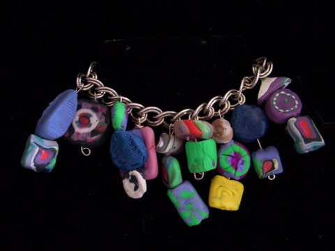 Baked Clay Bracelet Rainbow of Colors Shapes Statements in each Handmade Bead One of a Kind 95'