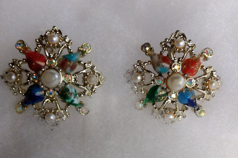 Sarah Coventry Vintage Signed Galaxy Maltese Cross Clip Earrings. Faux Pearls,Aurora Borealis Gems and Marble Tear Drop Lucite in Gold Tone