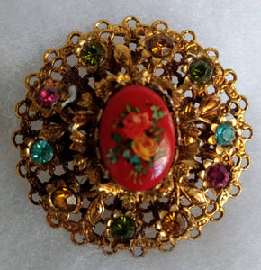 Vintage Brooch 1940 Handpainted Red Stone with  Rhinestone 40s Fabulous 4 Multi Tier Brooch Find