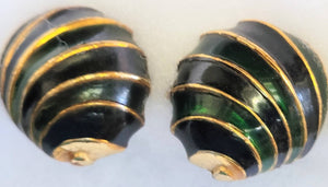 Bold Shell Shaped Emerald Black & Gold Clip Earrings by David Hill