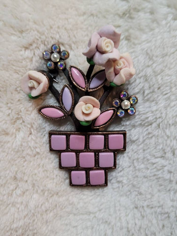 Flower Power..! 1980s Pink Pastel & Pretty Pot Pin  by Vintage  Jewelry Designers  Greenwich