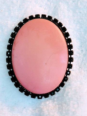 Pink Muted Oval Garnished with Black Rhinestone  Vintage Brooch