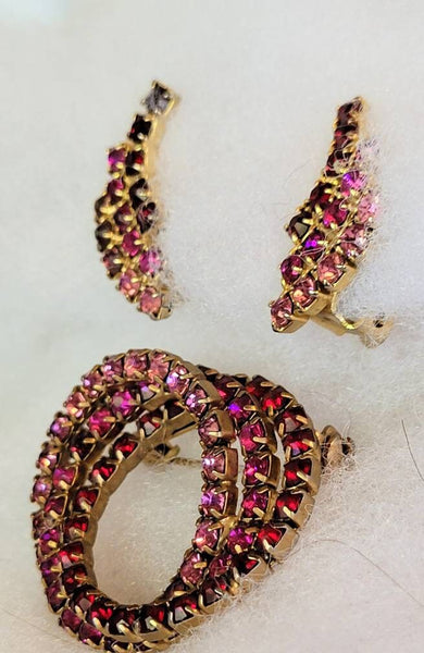 3 Rings of Stunning Pink  Shades of Shimmering Vintage Rhinestones  "Parure" Pin  Earrings Set