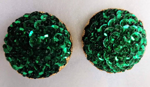 Sparkling Sequin Emerald Green Dome Earrings  1960s Style