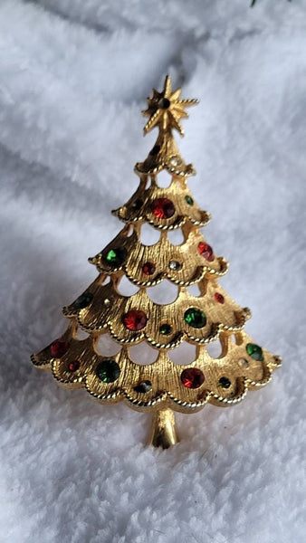 Gold & Sparkling Rhinestone Vintage Christmas Tree Brooch