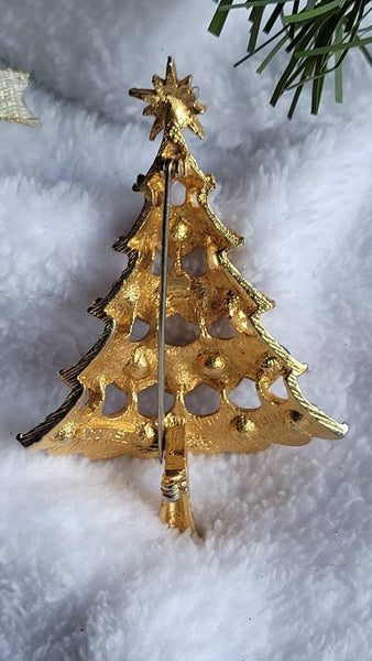 Gold & Sparkling Rhinestone Vintage Christmas Tree Brooch