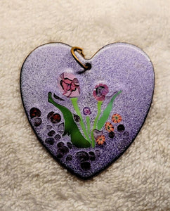 Exquiste Vintage Handpainted  Enamel Over Copper Purple Heart Pendant Necklace  circac1940