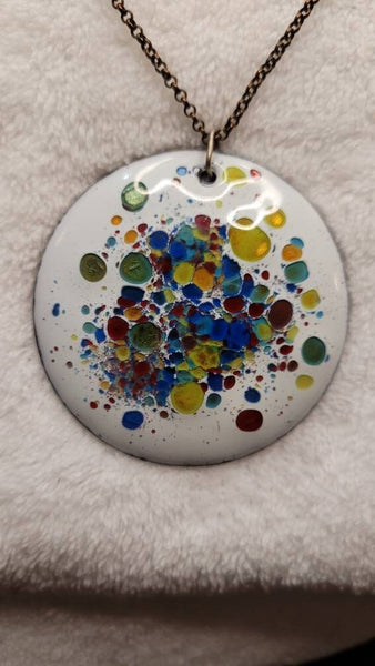 Explosion of Color on Copper Handpaited Enamel on Copper 2in Disc Pendant Necklace
