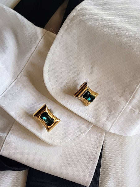 Classic Cufflinks From The Sensational Sixties Emerald Green Sparking  Stones on Brushed Gold. Elegance in Dapper Design