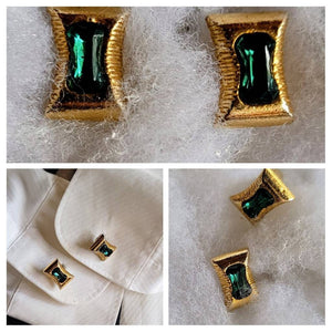 Classic Cufflinks From The Sensational Sixties Emerald Green Sparking  Stones on Brushed Gold. Elegance in Dapper Design