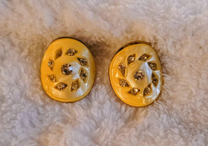 Sunshine and Sparkle Yellow Lucite Earrings Rhinestone Accent Wavy Disc Clips
