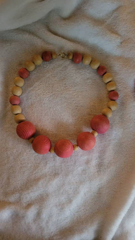 Wooden  Necklace Pink Grain 1 inch 1/4 inch Wood with Natural Wood Balls