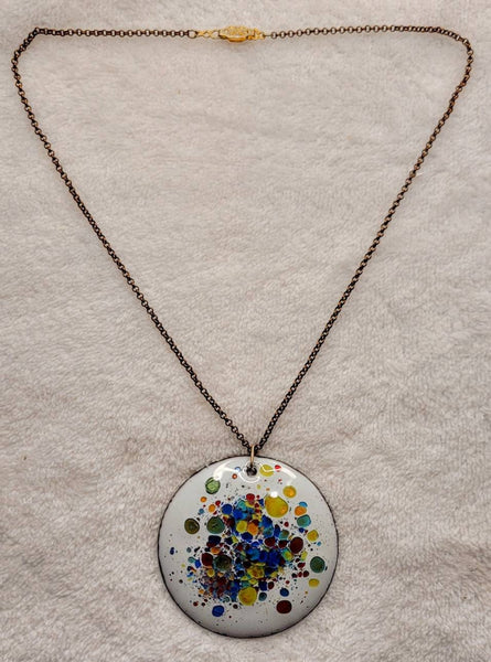 Explosion of Color on Copper Handpaited Enamel on Copper 2in Disc Pendant Necklace