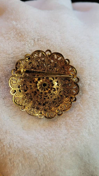 Golden Era Brooch Set with Pearl's Black Glass and Gold A Stuning Inticate Dome Design on Brooch  This Fashionable Period Piece a Treasure