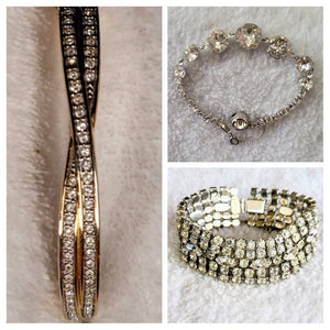 Rhinestone Crystal Vintage  Bracelets 50s 60s. The 70s Gold on Left is this list signed Swarovski All on Wink..!