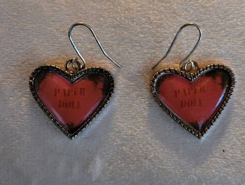 Vintage Valentines Paper Doll Heart Earrings Set in Silver