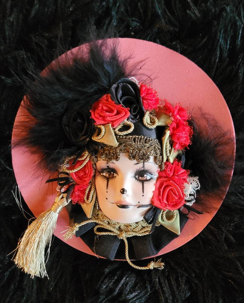 Faces Collection Pin Masked Lady of the Black Feather Rose Tasseled Coiffed Flamboyantly Fancicful  in Her Fun Feathered   Mystery Lady