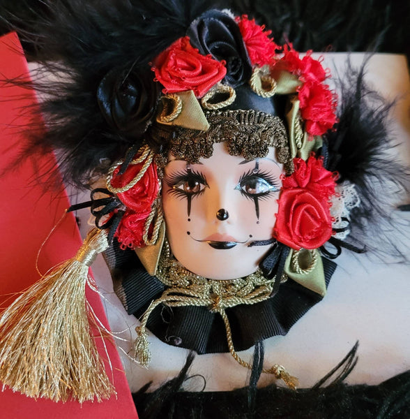 Faces Collection Pin Masked Lady of the Black Feather Rose Tasseled Coiffed Flamboyantly Fancicful  in Her Fun Feathered   Mystery Lady