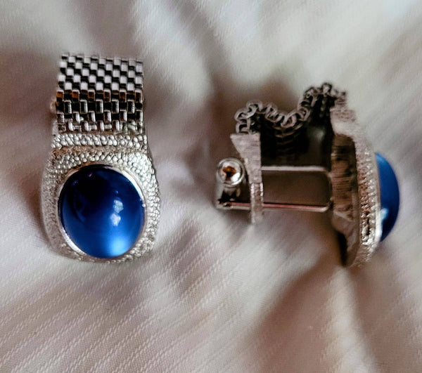 Swank Rare Design 1950s Striking Moonstone Blue Cufflinks Set on Wrap Around Silver Mesh Vintage Valentines Classics For Him...
