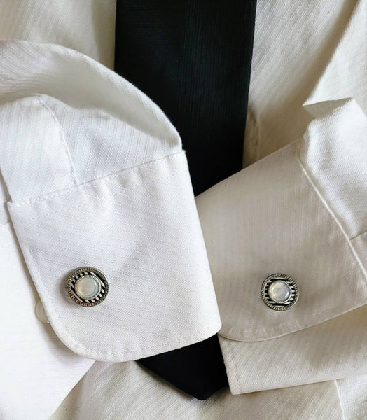 ART DECO Cufflink Antique Snap Classic Cufflinks Silver  Mother of Pearl Unique Black Stripes White Boarder Debonair