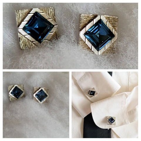 Golden Era Cufflinks Exquisite Blue Sparklers Set In Brushed Vintage Silver Valentines Gifts From Mid-century Men's Collection