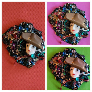 Faces Pin Brown Hat. Sparkle Sequins Rainbows of Rhinstones A Foil Confetti of Colors and Sweet Surprises in That Fantastic Plastic