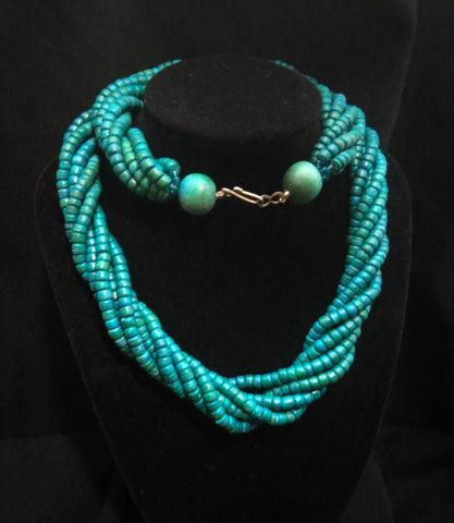 Turquoise Blue 6 Strand Striking Wood Necklace. Wear Long? Double?  Suspend a Pendant..!