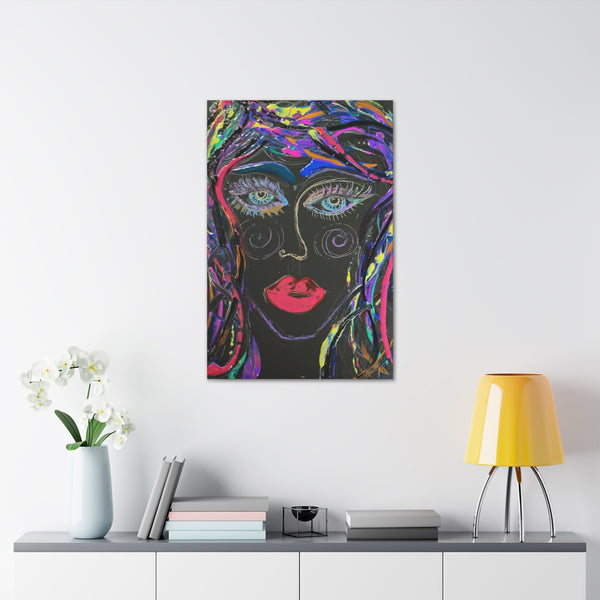 Abstract Art Neon Lady   Printed on Black Canvas  Neon Rose by D.V.L