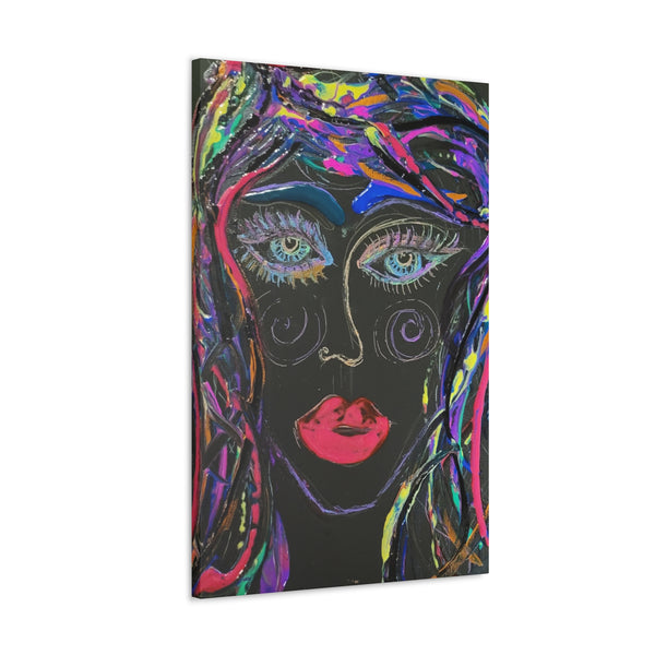 Abstract Art Neon Lady   Printed on Black Canvas  Neon Rose by D.V.L