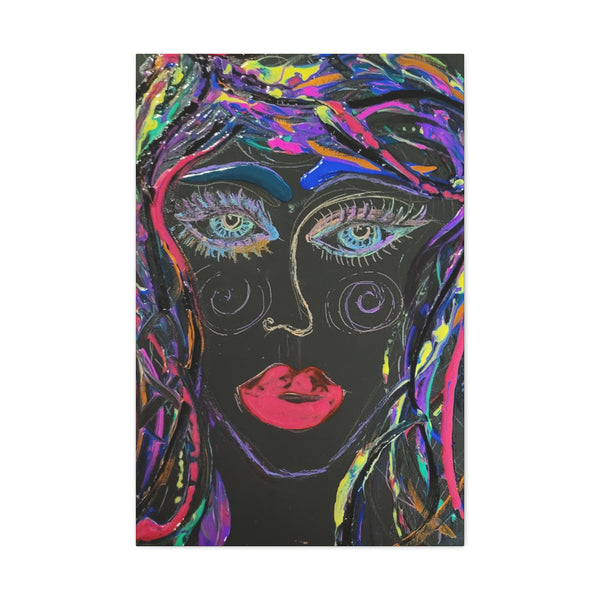 Abstract Art Neon Lady   Printed on Black Canvas  Neon Rose by D.V.L