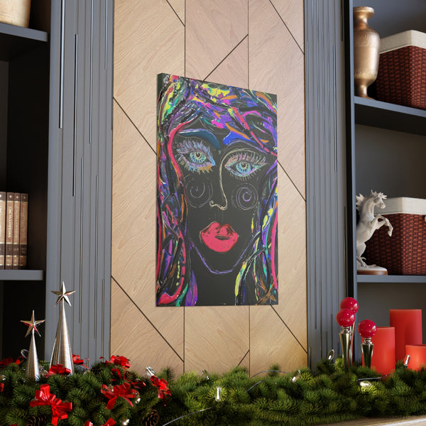 Abstract Art Neon Lady   Printed on Black Canvas  Neon Rose by D.V.L