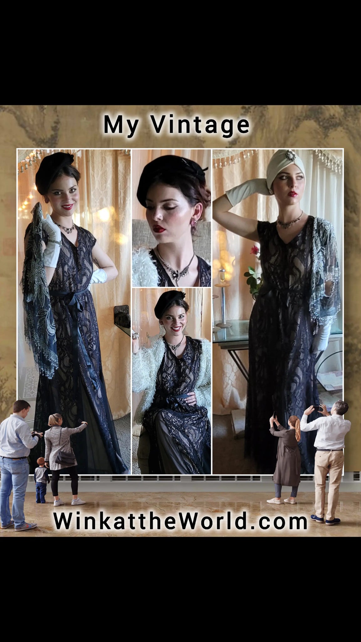 1930s Style Dress Black Lace over Marshmellow Beige Pleated scallop bottom for beautiful flow. !  Lovely dancing or walking  a,Grand Entrance Large fitting 13/14 for exact measurements