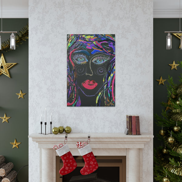 Abstract Art Neon Lady   Printed on Black Canvas  Neon Rose by D.V.L