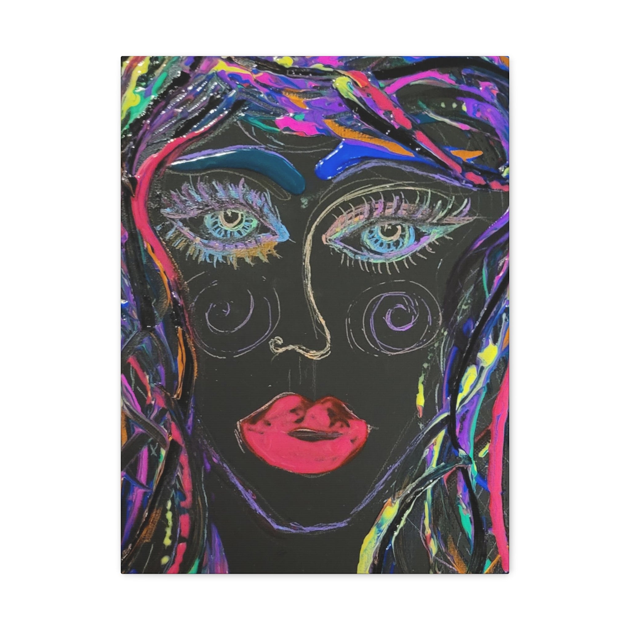 Abstract Art Neon Lady   Printed on Black Canvas  Neon Rose by D.V.L