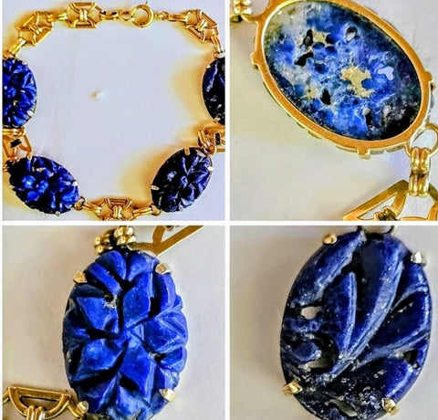 14k Gold Lapis Lazuli  Carved Vintage Bracelet Excellent Artistry & Design