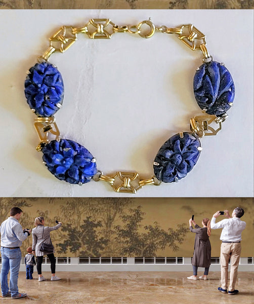 14k Gold Lapis Lazuli  Carved Vintage Bracelet Excellent Artistry & Design