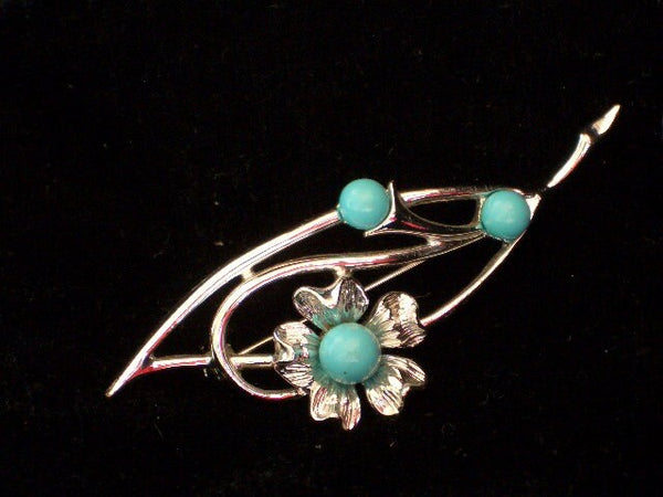 Sarah Coventry Vintage Signed Faux Turquoise Silver Tone Flower Pin