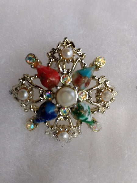 Sarah Coventry Vintage Signed Galaxy Maltese Cross Clip Earrings. Faux Pearls,Aurora Borealis Gems and Marble Tear Drop Lucite in Gold Tone