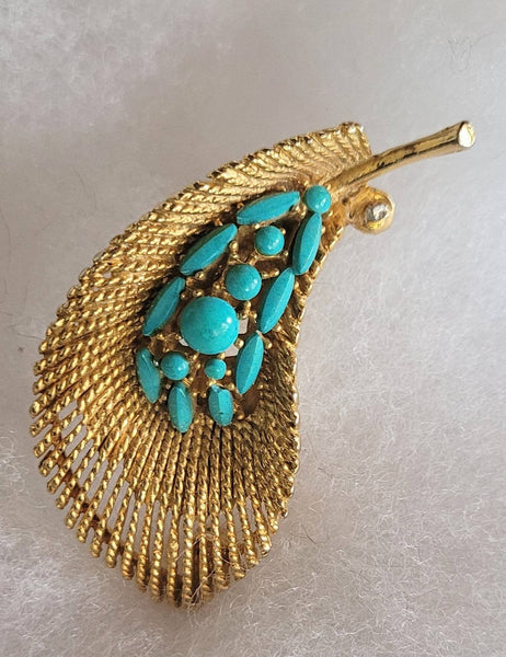 Ari × Gold & Turquoise 80s Pretty Pin Feather  Leaf