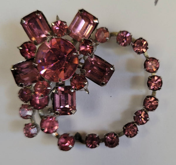 Sweet Shades of Sparkle Pinks Rhinestones  set on this Pat Pending Pin 1960s Lovely Piece