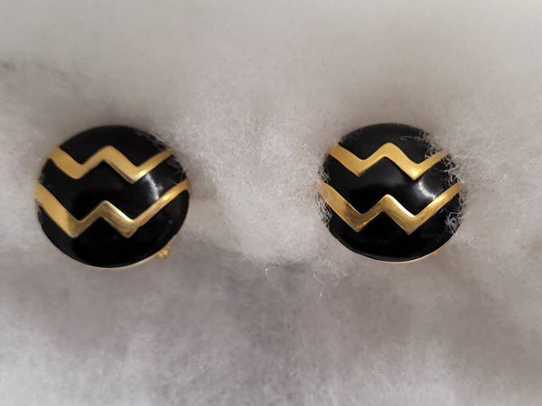 Monet Black & Gold Zig Zag Designer Vintage  Earrings