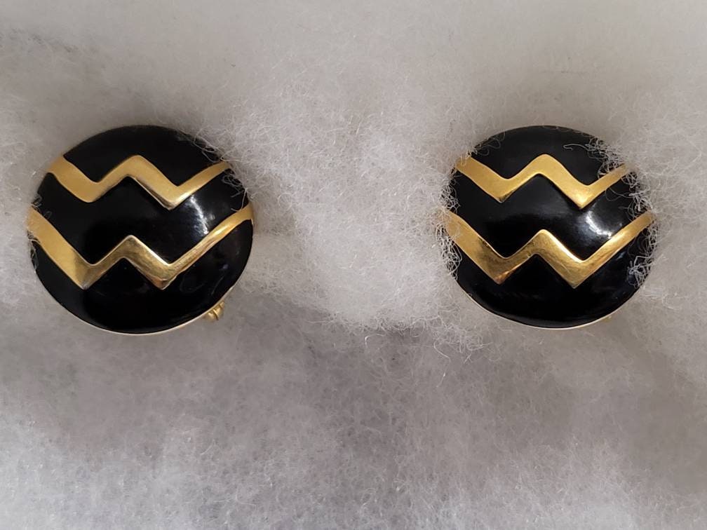 Monet Black & Gold Zig Zag Designer Vintage  Earrings