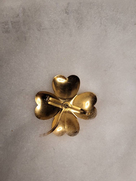 Four Leaf Golden Clover Pearl Lovers Adorable Vintage Brooch