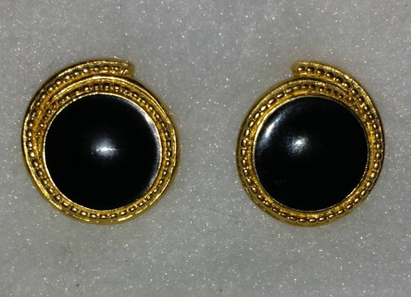 Trifari Black & Gold Disc Earrings 1990s Style