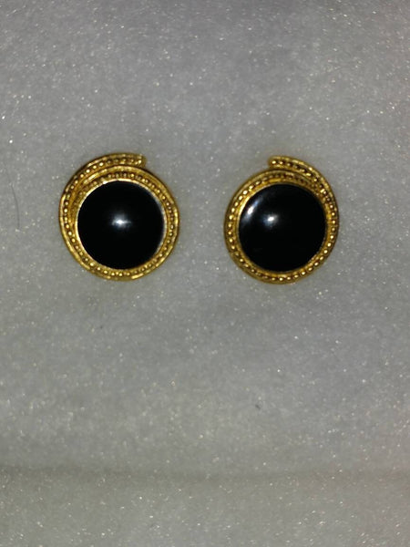 Trifari Black & Gold Disc Earrings 1990s Style