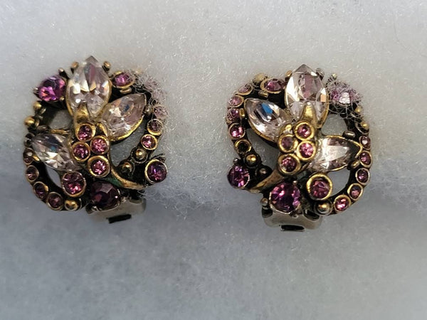 1952 Hollycraft Vintage  Amethysts  Earrings Copper & Rhinestone Signed Stunners