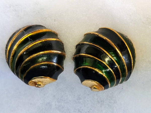 Bold Shell Shaped Emerald Black & Gold Clip Earrings by David Hill