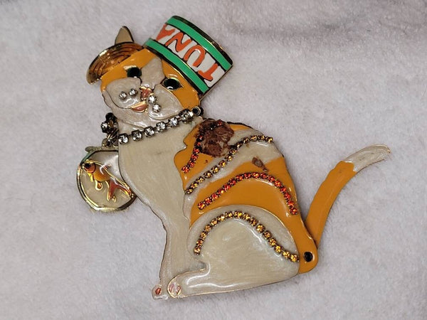 Lunch At The Ritz signed on this FOREVER  FABULOUS Catlovers Articulated Statement  Piece  "Vintage Cat & The Goldfish Pin"